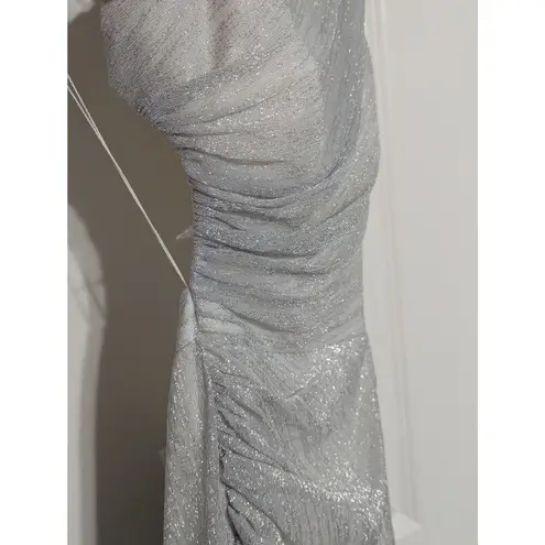 Aidan Mattox Silver Metallic One Shoulder Dress Formal Ruched Maxi Slimming Prom