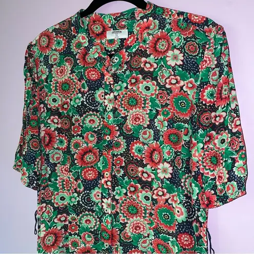 Untuckit Size 12 Floral Green and Red Midi Dress Button Up Short Sleeve
