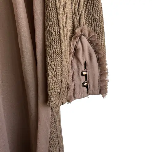 Nick & Me Women Tunic Sweater XL Taupe Mixed Media Cable Knit Boho Baybdoll Brown