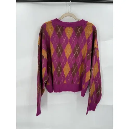 Daydreamer  Argyle Cardigan Women XL NEW Fuchsia Sunset Wool Blend Y2K Retro