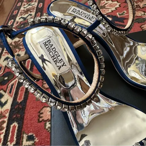 Badgley Mischka New Satin Navy Heels with Gemstone Accents