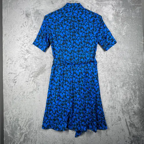 Tahari Dress Dark Floral Print Shirt Dress Small Belt Blue Black Career Casual