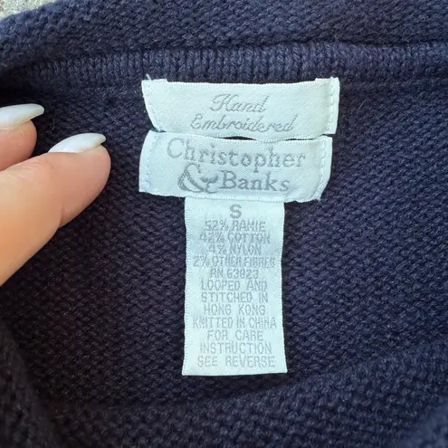 Vintage Y2K 2002 Christopher and Banks Folk Art Santa Snowman Applique Sweater S Blue