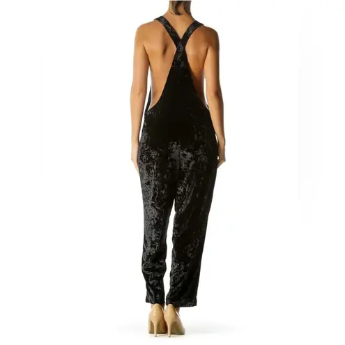 Urban Outfitters ‎ Black Shiny Velvet Square Neck Stretch Jumpsuit