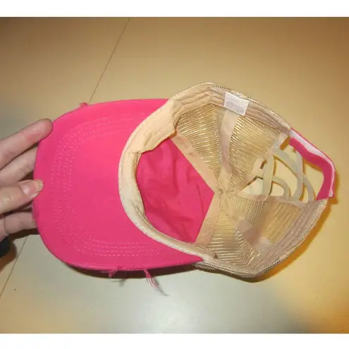 None Hot Pink Distressed Ponytail Trucker Hat Mesh Back Adjustable Cap