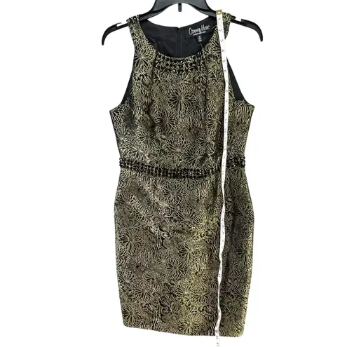 Carmen Marc Valvo Dress 10 Black Gold Floral Brocade Jacquard Beaded Cocktail