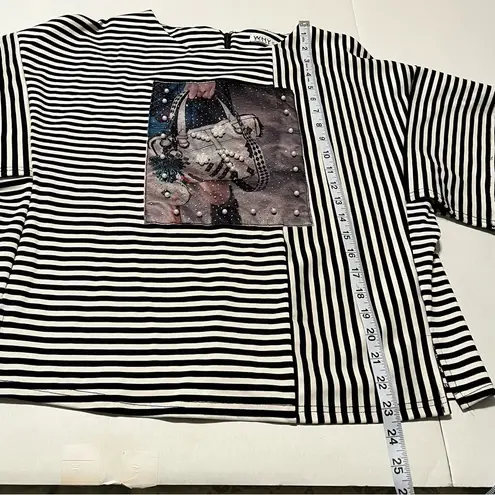 Why Dress Women Size Large Black White Striped Blouse Handbag Faux Pearls Preppy