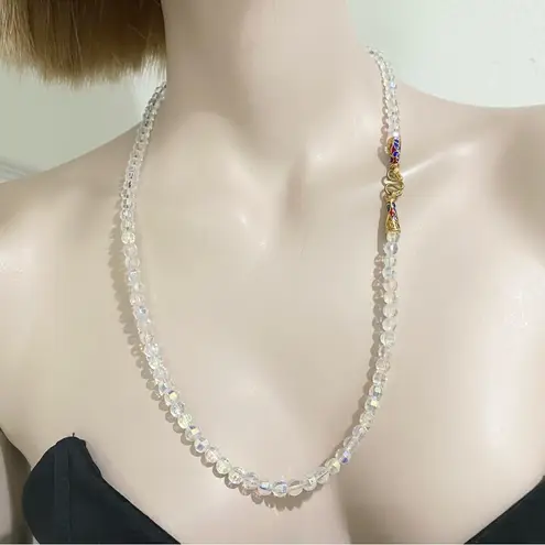 Vintage Clear Aurora Borealis AB Crystal Czech Fire Beads Enamel Clasp Necklace