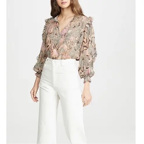 Ulla Johnson NEWUlla Johnson Lara Blouse Silk Ruffle Floral Birds of Paradise Ivory Size 8