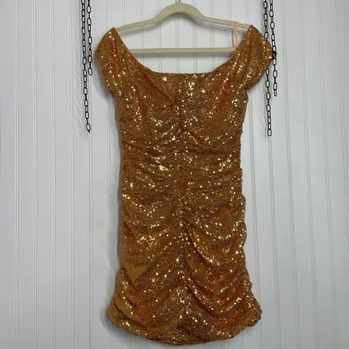 In The Style NWT Exclusive Gold Sequin Ruched Holiday Off Shoulder Mini Dress 12