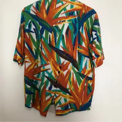 Multicolor Blue Orange Yellow Green Tropical Sequin Button Up Shirt Blouse Top Size L