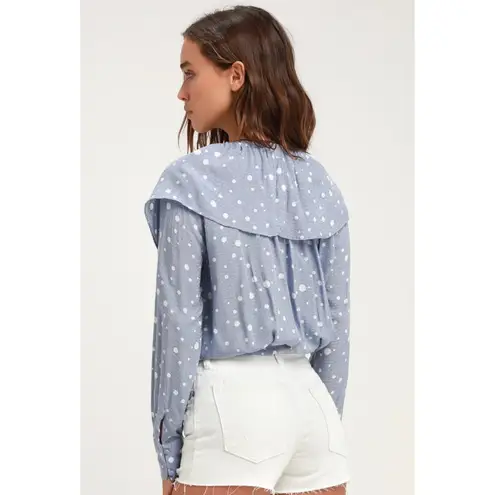 NWT Lulus West End Blue Polka Dot Ruffled Long Sleeve Top Blouse Shirt Size S