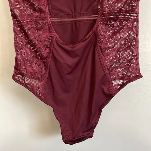 French affair Burgundy Floral Sheer Lace Push-Up Plus Size Lingerie Bodysuit