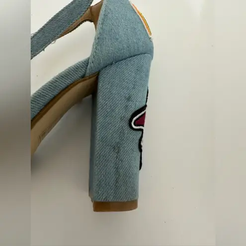 Cape Robbin Denim Beautiful Embroidered Rainbow Block Heel Sandals Size 7.5