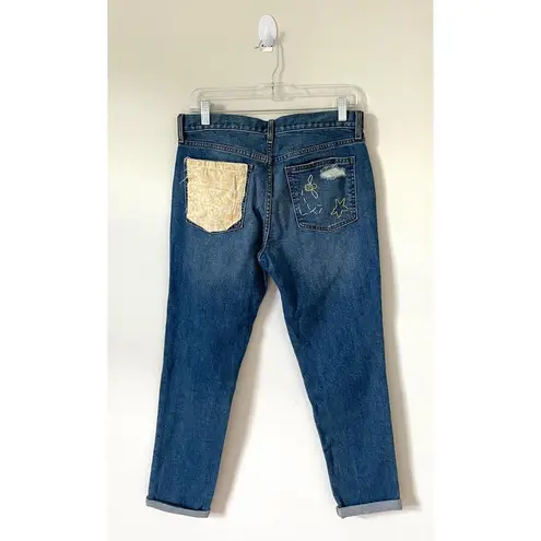 Gap  Boyfriend High Rise Custom Patch Bee Denim Jeans Blue Yellow Size 27