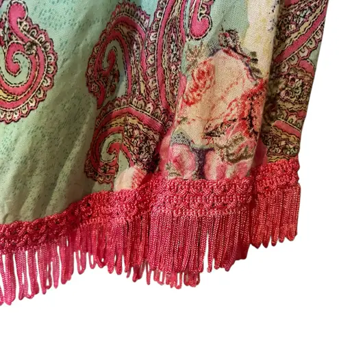 Velzera Mini Dress Tunic Green Pink Paisley Crochet Fringe Bell Sleeves SZ LG
