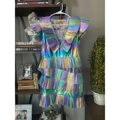 Celia B Acke Metalic Pleated Mini Dress Multi Womens Size Large Blue