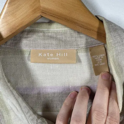 Kate Hill Top Women 2X Plus Size Tan Stripe 100% Linen Button Up Roll Tab Coast
