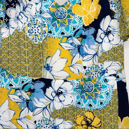 Jessica London BLUE YELLOW WHITE ALL OVER PRINT HI-LOW FAUX WRAP MAXI DRESS 16W