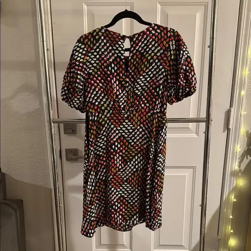 Maeve Blue and Orange A-line Midi Dress with Puff Sleeves