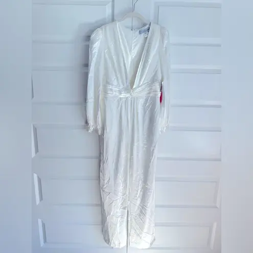 Mac Duggal Ieena for Long Sleeve Ruched Plunging Neck Satin Jumpsuit