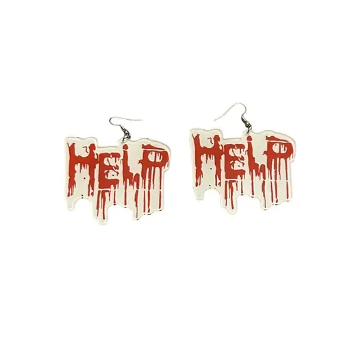 Halloween Dangle Drop Earrings Help Red Blood Drip Costume Spooky Horror Novelty White