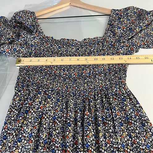 Elloh Multicolor Ditsy Floral Smocked 3/4 Puff Sleeve Tiered Midi Dress Prairie Blue Size M