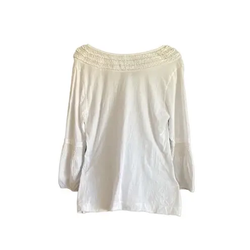 BCBGMAXAZRIA  White smocked neck 100% cotton top. Size Large.