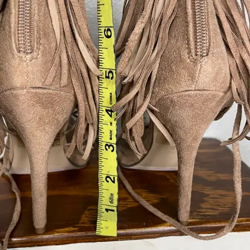 breckelle's Tan Roma-63 Suede Peep Toe Fringe Gilly Tie Stiletto Zip Heel 7
