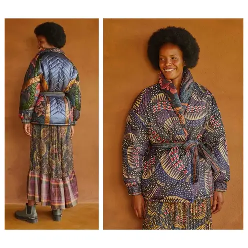 Farm Rio Black Wild Bananas Metallic Reversible Puffer Jacket Size Small