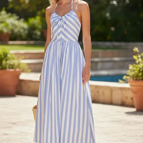 Avec Les Filles NWT Stripe Halter Neck Cotton Blend Midi Dress 6, BLUEWHITE