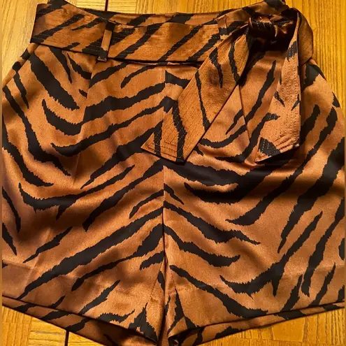 White House | Black Market  Tiger Print 5” High Waisted Belted Satin Shorts Size 2