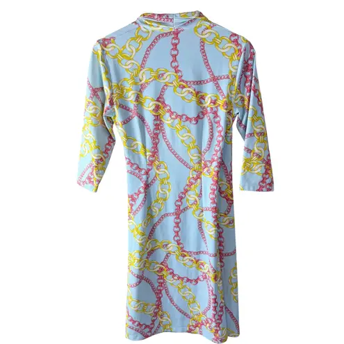 J. McLaughlin Panama Women's Dress S Blue Yellow Chain Print Wrap 3/4 Sleeve