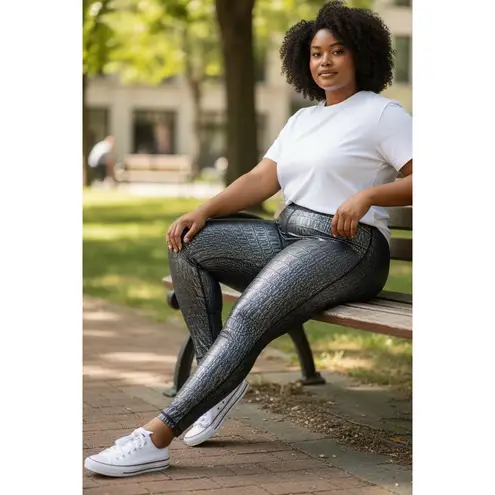 Terez NEW YORK Womens Black Crocodile Embossed High Waisted Leggings XL