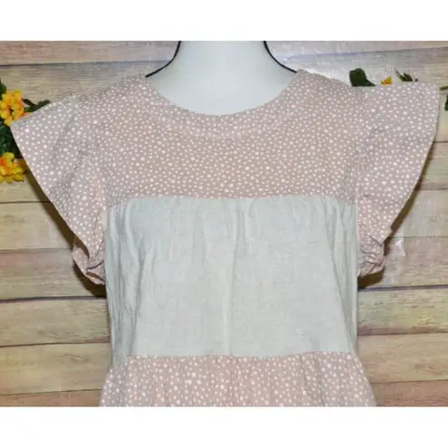 Entro Beige & Pink Cap Sleeve Tiered Blouse Top Size S Striped Polka Dots Cute