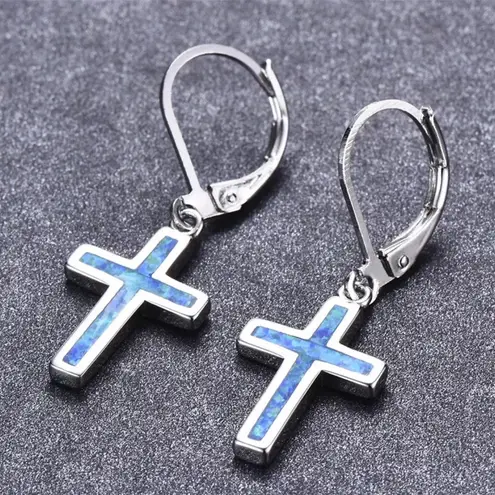 Shiny Opal & Silver Cross Pendant Earrings, Holy Land Jerusalem Catholic Charm