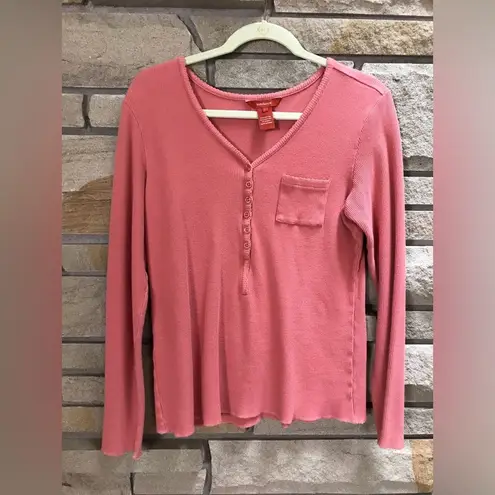 Sundance Waffle Knit Thermal Pocket Henley Long Sleeve Top Large Coral Cotton