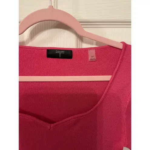 Tahari Pink Valentina Ribbed Knit Short Sleeve Sweater, S
