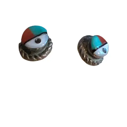 Vtg Sterling Silver Zuni Sun Face God Earrings Inlay Mother Pearl Coral 3/16" Red