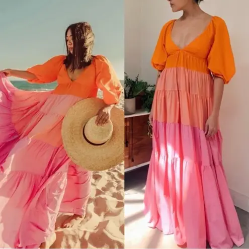 STAUD NWT  Meadow Colorblock Tiered Maxi Dress Size XS