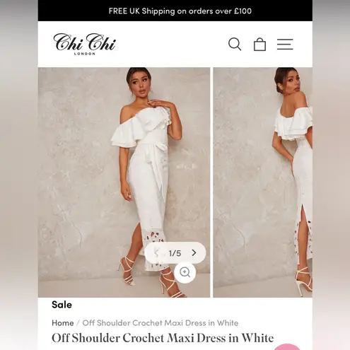 Chi Chi London Ruffled Off Shoulder Crochet Porsha White Maxi Dress 6 NWT