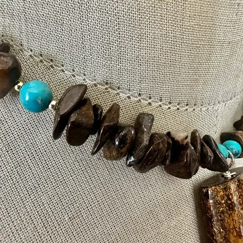 Sterling Silver Jasper & Turquoise Bead Necklace with Large Rectangular Pendant