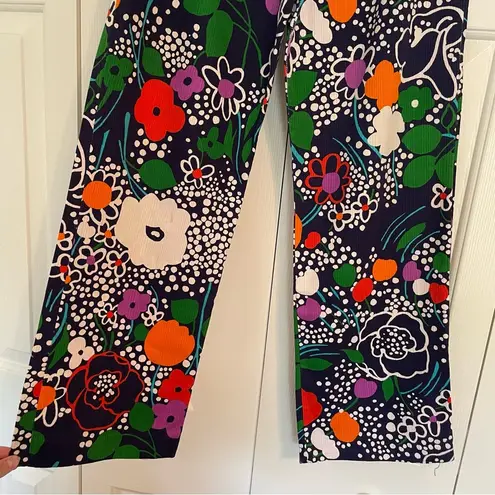 Vtg 60s 70s Kahala Abstract Floral Print Straight Wide Crop Pants Sz XS Blue