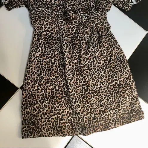 Marissa Webb Belted Leopard Print Denim Mini Dress Long Sleeve Safari Neutrals L