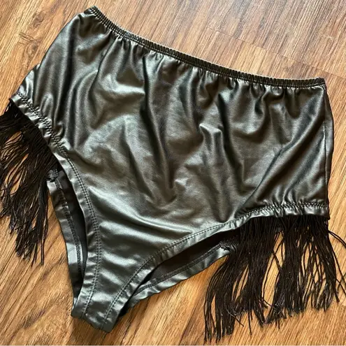 Body Rage Black Faux Leather Fringe Bikini Cut Bottoms Shorts Sz Large