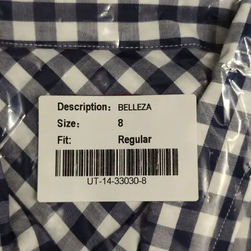NWT UNTUCKIT Belleza Navy Gingham Button Down Regular Fit Long Sleeve Shirt Sz 8 Blue