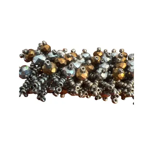 Silver Copper Tone Seed Bead Bracelet Metallic Button Clasp Cuff 6.5" 7.25"