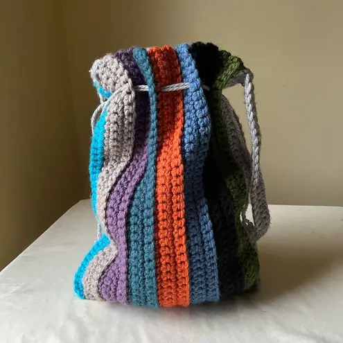 Handmade Colorful Crochet Bucket Bag Rainbow Striped Crossbody Hobo Festival NWT Green