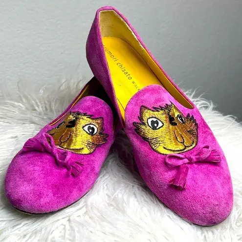 TSUMORI CHISATO Walk shoes flats with Pink Suede and embroidered Cats on top Size 7