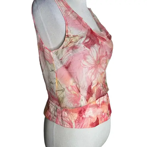 Carlisle Silk Top Women Size 10 Pink Sheer Floral Cowl Neck Fairy Old Money